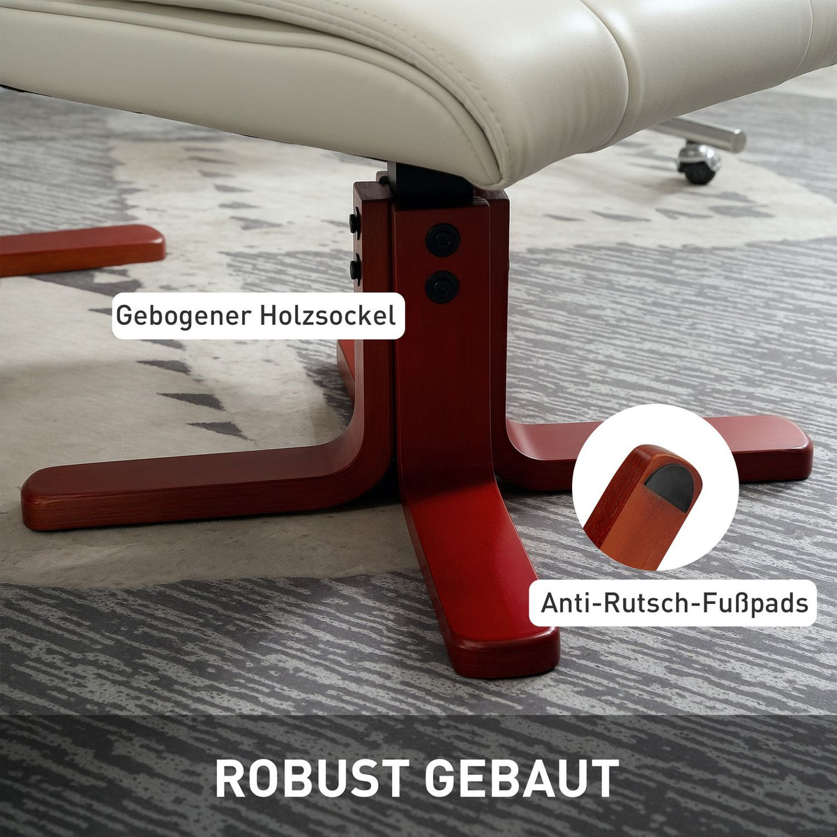 Relaxation chair with stool, TV chair with reclining function, rocker function, padded reclining chair with adjustable backrest, up to 150 kg, for living room, faux leather, cream white