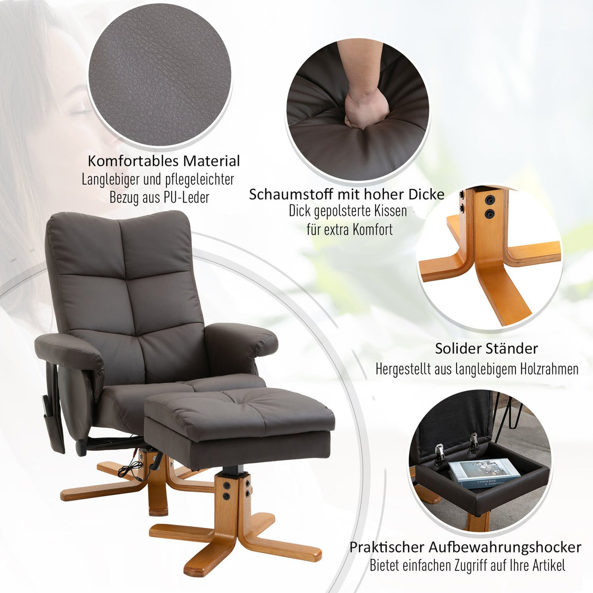Relaxation chair with stool, massage chair, TV chair, 145° tilt, 10 vibration points, faux leather, brown