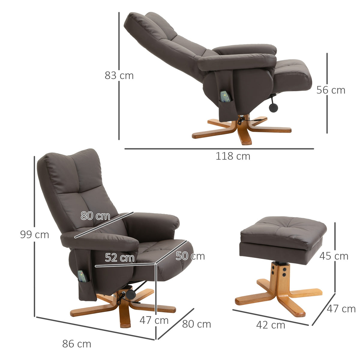 Relaxation chair with stool, massage chair, TV chair, 145° tilt, 10 vibration points, faux leather, brown