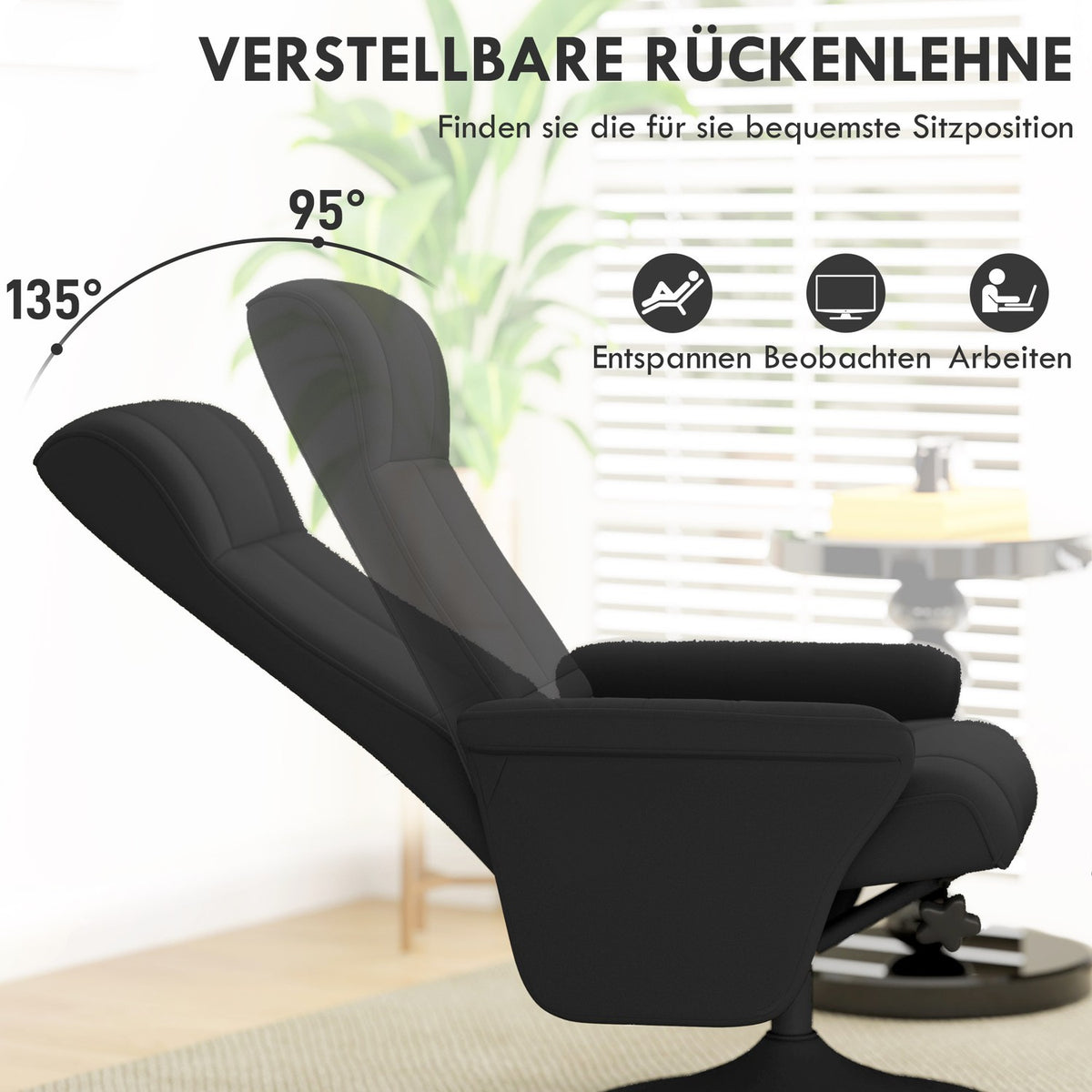 Relaxation chair with stool, rotating TV chair with reclining function, TV chair with a load capacity of up to 150 kg, reclining chair for living room, bedroom, microfiber cloth, black