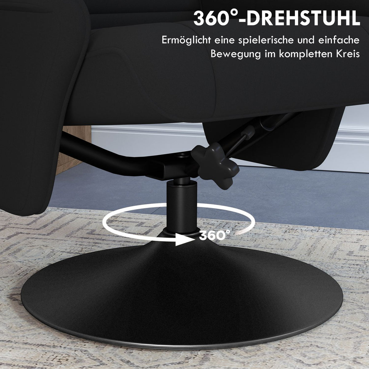 Relaxation chair with stool, rotating TV chair with reclining function, TV chair with a load capacity of up to 150 kg, reclining chair for living room, bedroom, microfiber cloth, black