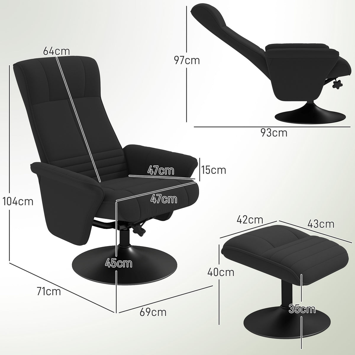Relaxation chair with stool, rotating TV chair with reclining function, TV chair with a load capacity of up to 150 kg, reclining chair for living room, bedroom, microfiber cloth, black