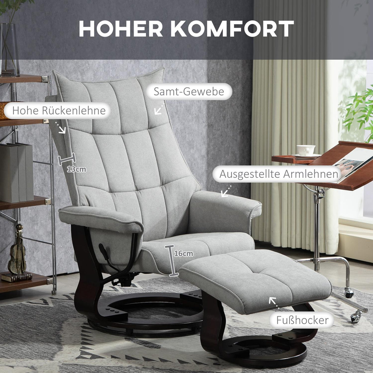 Relaxation chair with stool, rotating TV chair with reclining function, rocker function, reclining chair with double-layer high backrest, velvet look, for living room, bedroom, gray