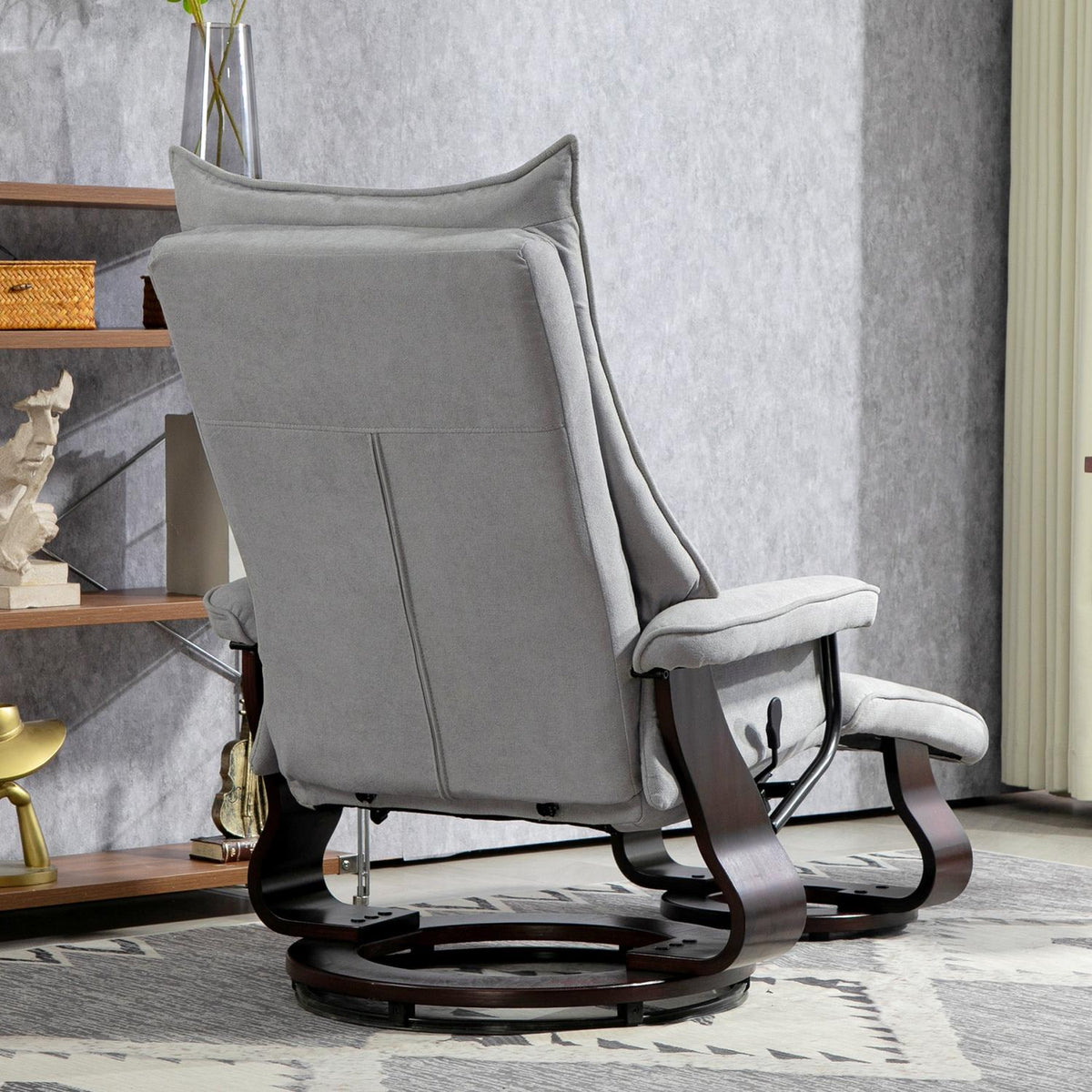 Relaxation chair with stool, rotating TV chair with reclining function, rocker function, reclining chair with double-layer high backrest, velvet look, for living room, bedroom, gray