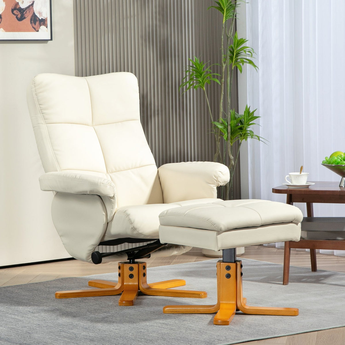Relaxation chair with stool, storage space, upholstered TV chair with reclining function, 360° rotatable TV chair for bedroom, living room, faux leather, cream white
