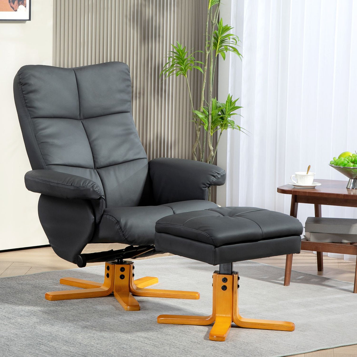 Relaxation chair with stool, storage space, upholstered TV chair with reclining function, 360° rotatable TV chair for bedroom, living room, faux leather, dark gray