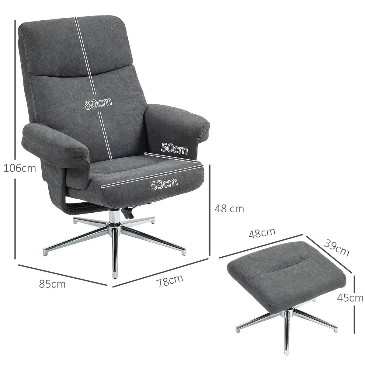 Relaxation chair with stool, upholstered TV chair with reclining function, reclining chair with velvet look, load capacity up to 150 kg, for living room, bedroom, dark gray