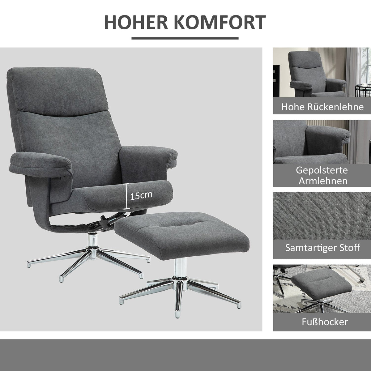Relaxation chair with stool, upholstered TV chair with reclining function, reclining chair with velvet look, load capacity up to 150 kg, for living room, bedroom, dark gray
