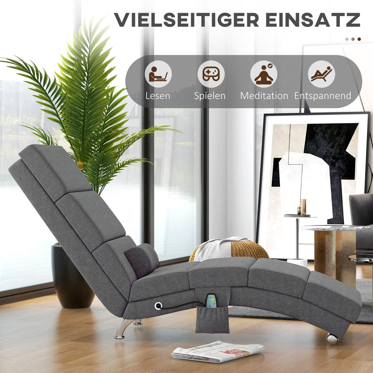 Relaxation lounger with massage function, electric lounge chair, massage chair with high backrest, remote control, folding TV chair with 5 modes, cushion, dark gray