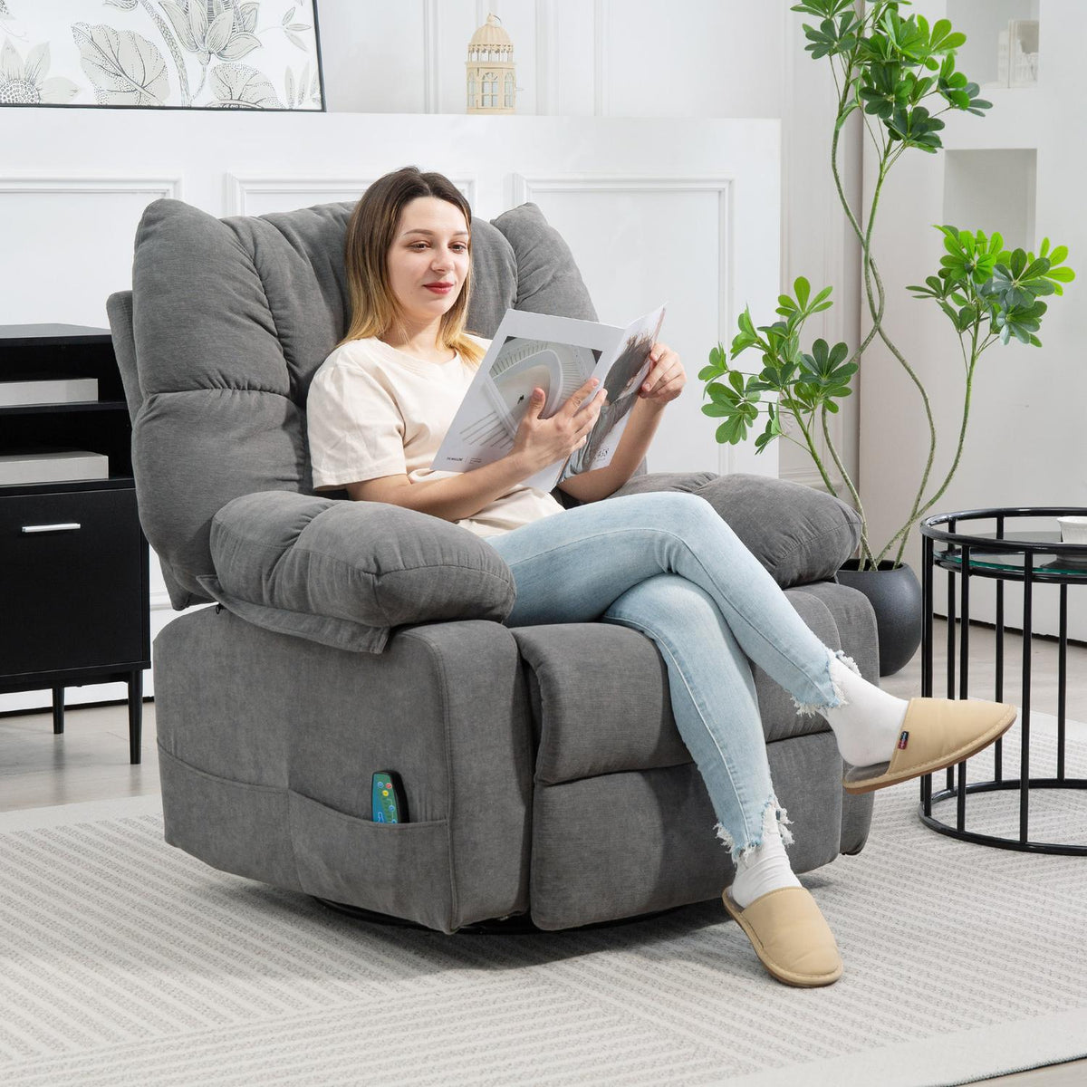 Relaxing chair with massage function, reclining function, rotating massage chair, 4 side pockets and remote control, dark grey