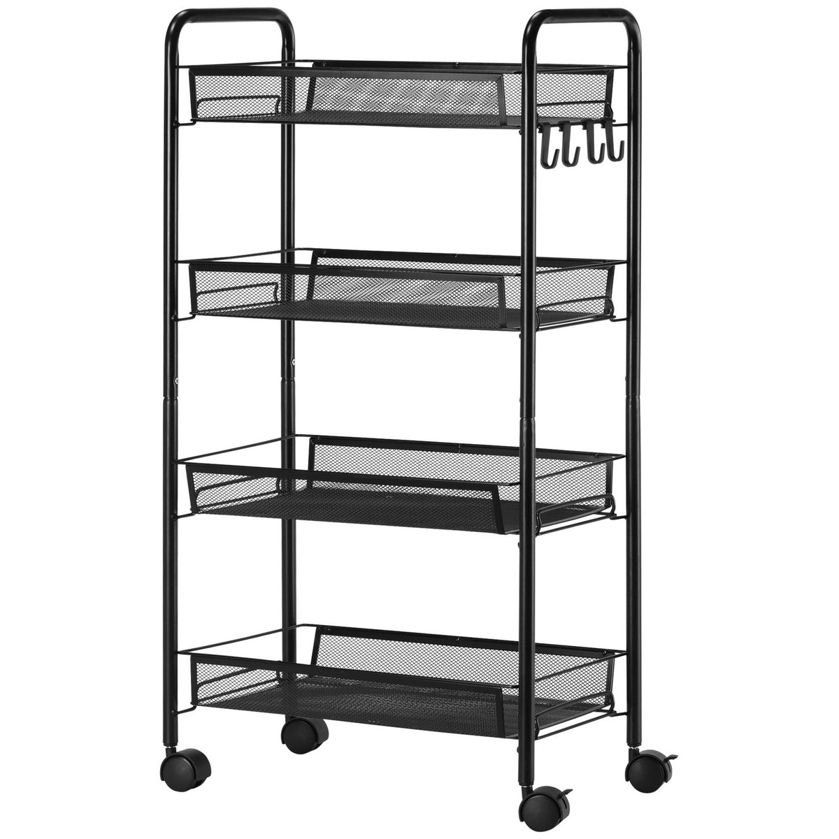 Removable Serving Trolley 4 Tier Kitchen Trolley with Hooks Storage Trolley with Handle Brakes for Kitchen Living Room Steel Black