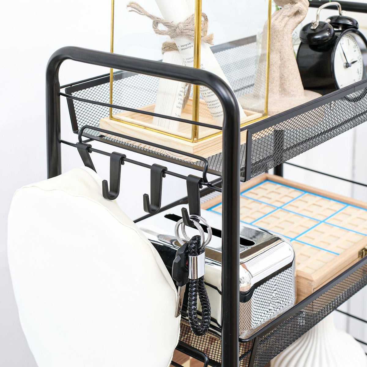 Removable Serving Trolley 4 Tier Kitchen Trolley with Hooks Storage Trolley with Handle Brakes for Kitchen Living Room Steel Black
