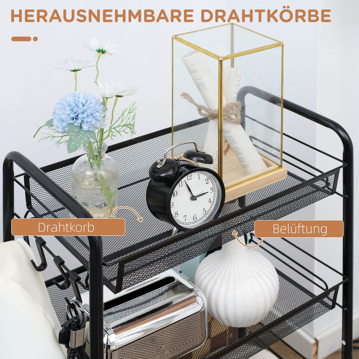 Removable Serving Trolley 4 Tier Kitchen Trolley with Hooks Storage Trolley with Handle Brakes for Kitchen Living Room Steel Black