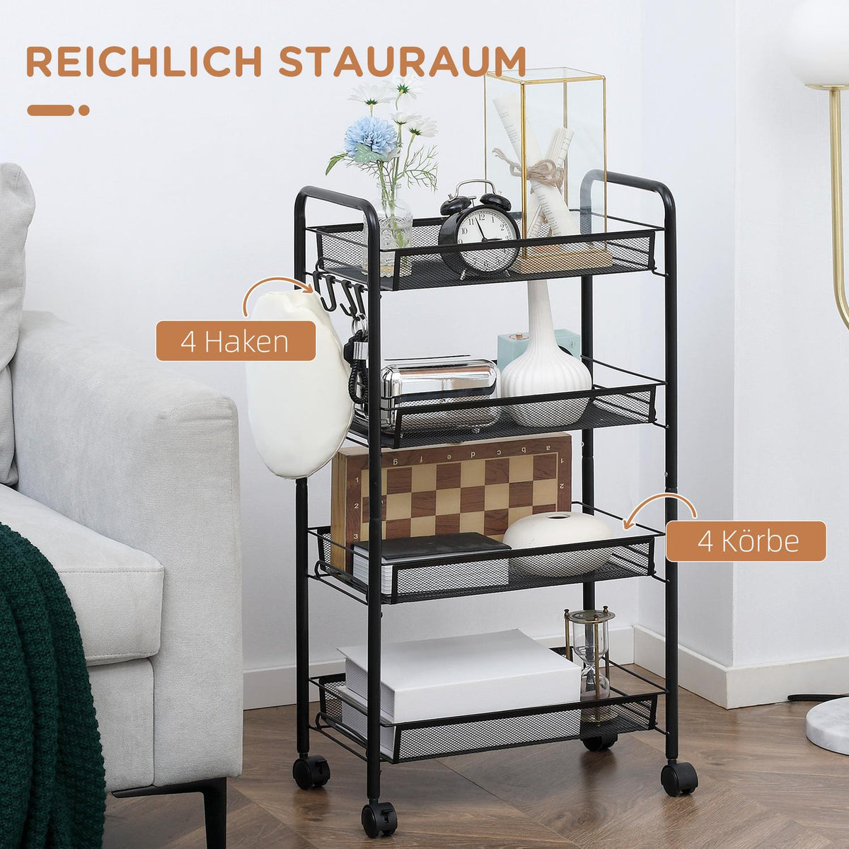 Removable Serving Trolley 4 Tier Kitchen Trolley with Hooks Storage Trolley with Handle Brakes for Kitchen Living Room Steel Black
