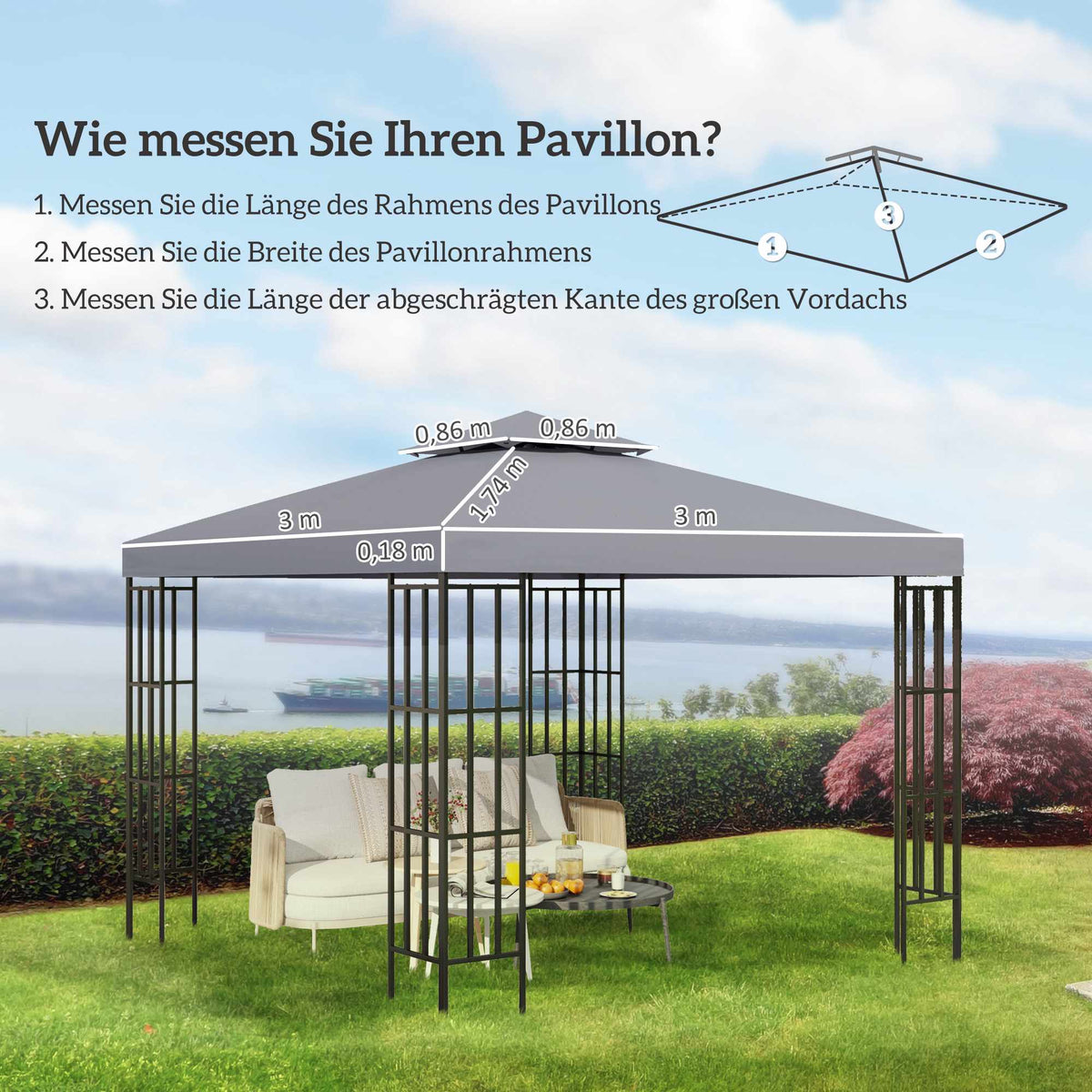 Replacement Canopy for 3x3m Gazebo, Waterproof, Light Grey