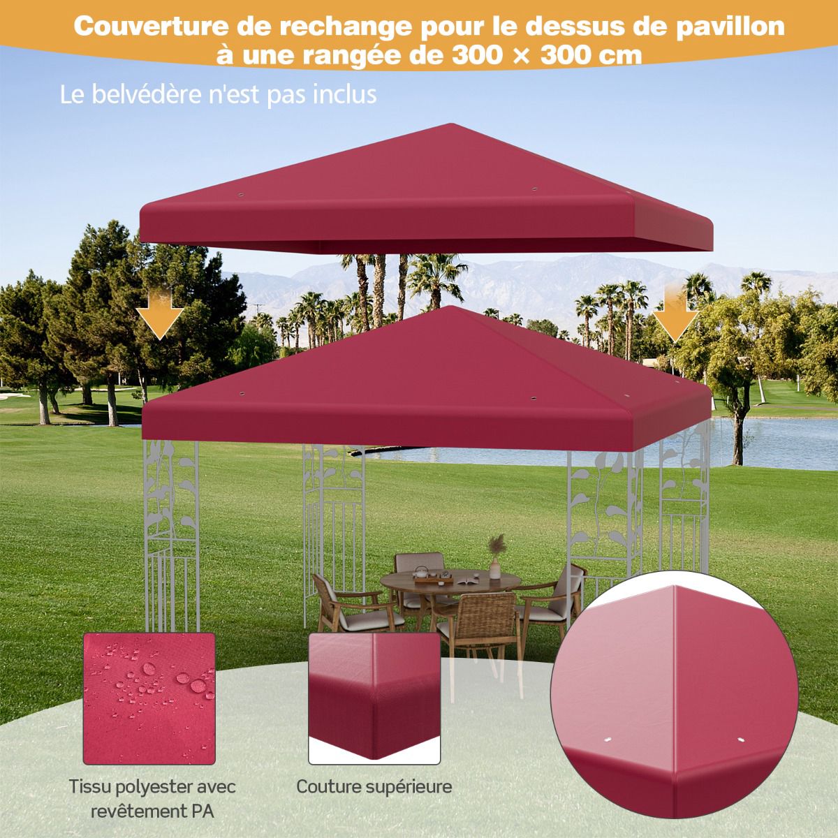 Replacement Gazebo Canopy 300x300 cm, Polyester, Wine