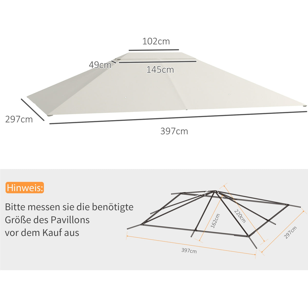 Replacement Roof For Garden Gazebo 3.97X2.97M Uv Protection, Waterproof Gazebo Roof, Cream