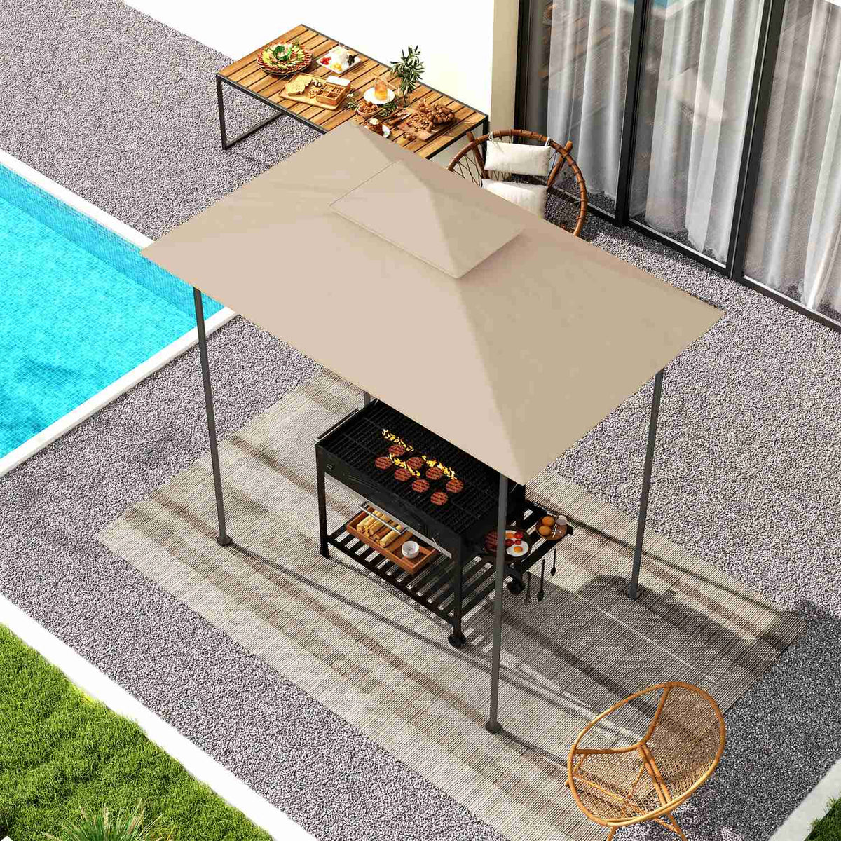 Replacement Roof for BBQ Gazebo 1.5m x 2.4m Replacement Roof Only, Double Tier Protective Cover, Water Resistant Outdoor Canopy, Roof Fits Outdoor BBQ Tent, Beige