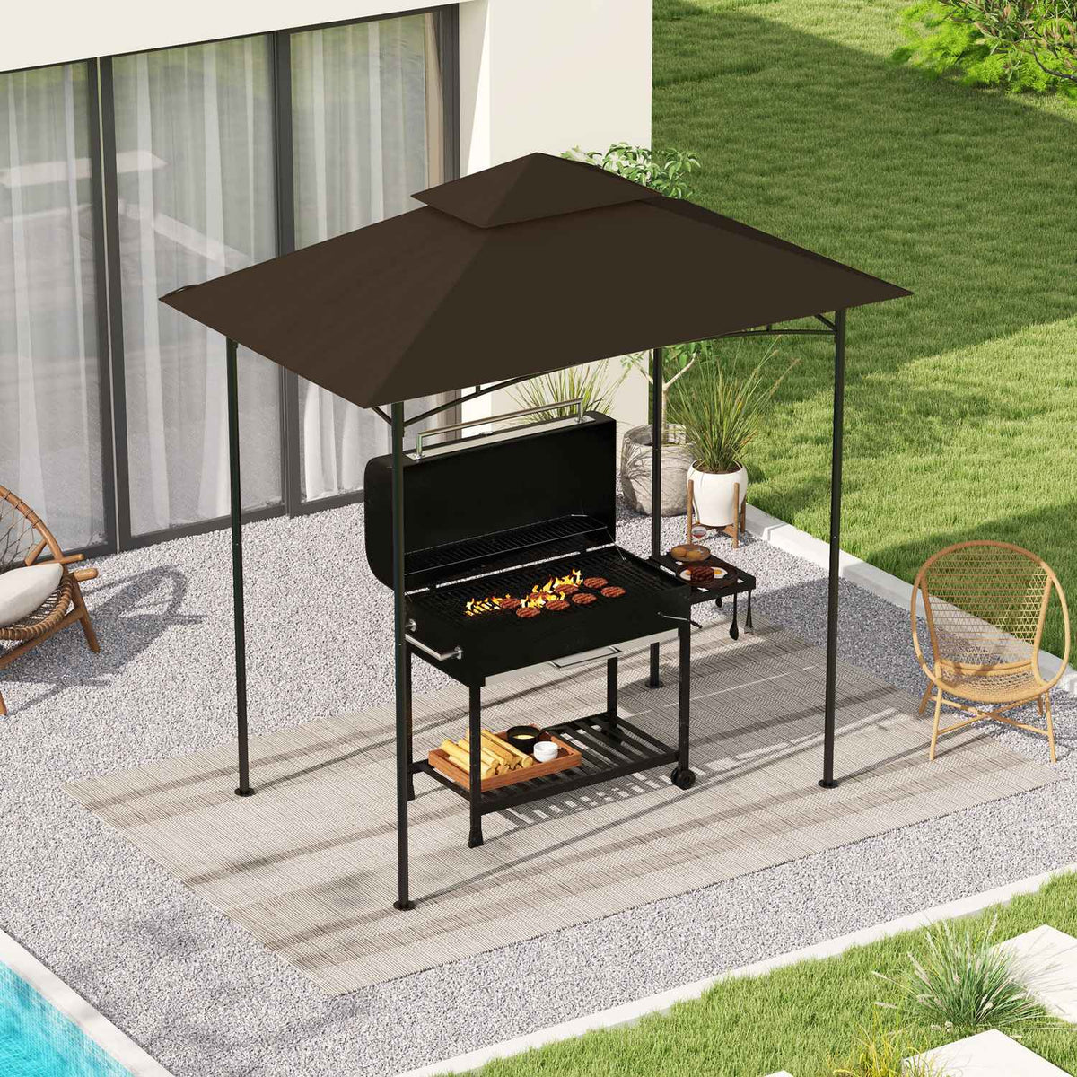 Replacement Roof for BBQ Gazebo 1.5m x 2.4m Replacement Roof Only, Double Tier Protective Cover, Water Resistant Outdoor Canopy, Roof Fits Outdoor BBQ Tent, Coffee