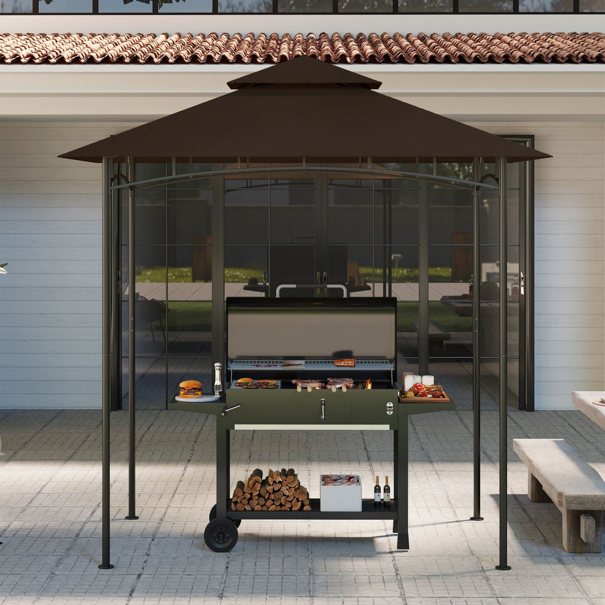 Replacement Roof for BBQ Gazebo 1.5m x 2.4m Replacement Roof Only, Double Tier Protective Cover, Water Resistant Outdoor Canopy, Roof Fits Outdoor BBQ Tent, Coffee