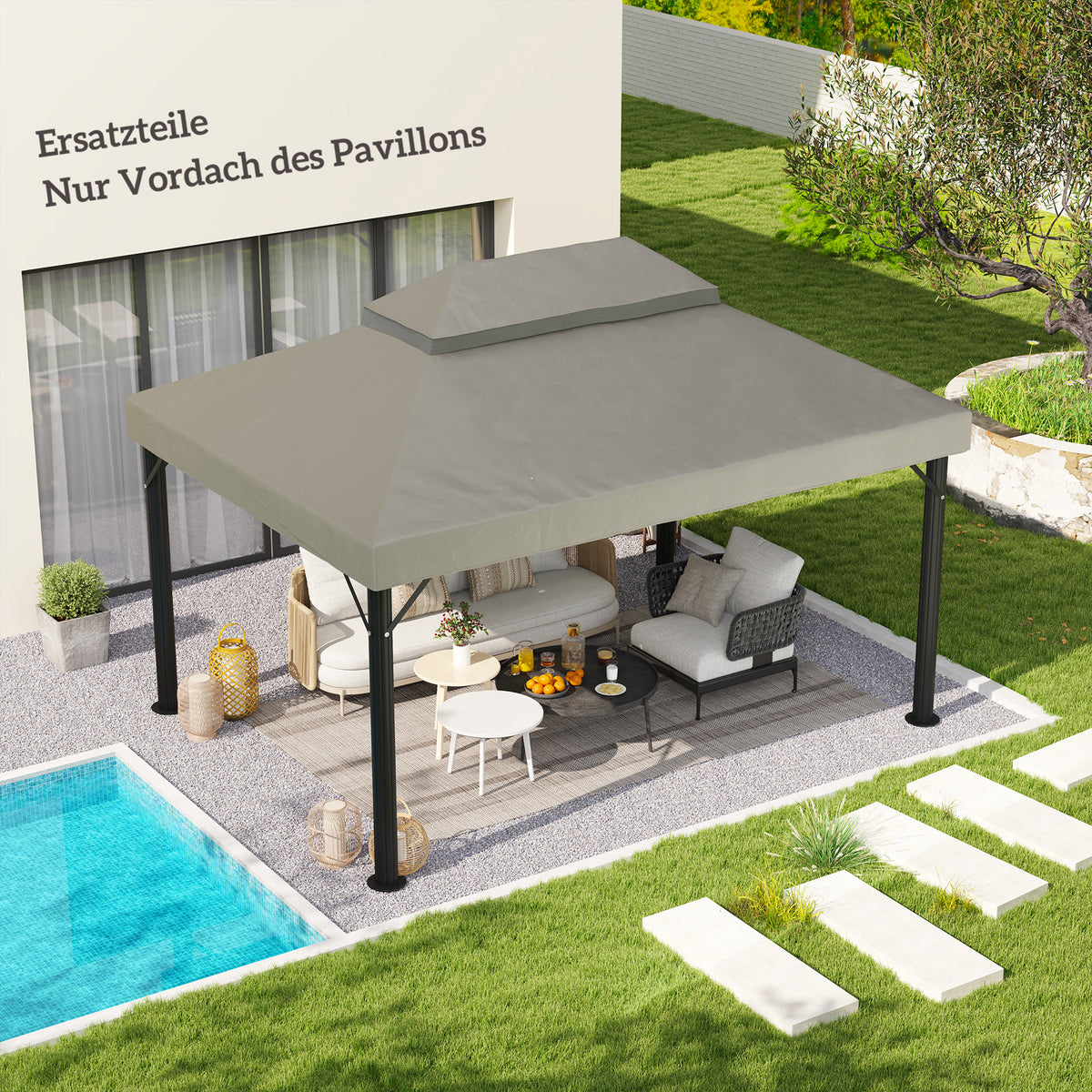 Replacement Roof for Garden Gazebo 3 x 4 m, Waterproof 370g/㎡ Double Roof Protective Cover, Rain Cover Replacement Cover, UPF30+, for Garden, Party, Patio, Light Gray