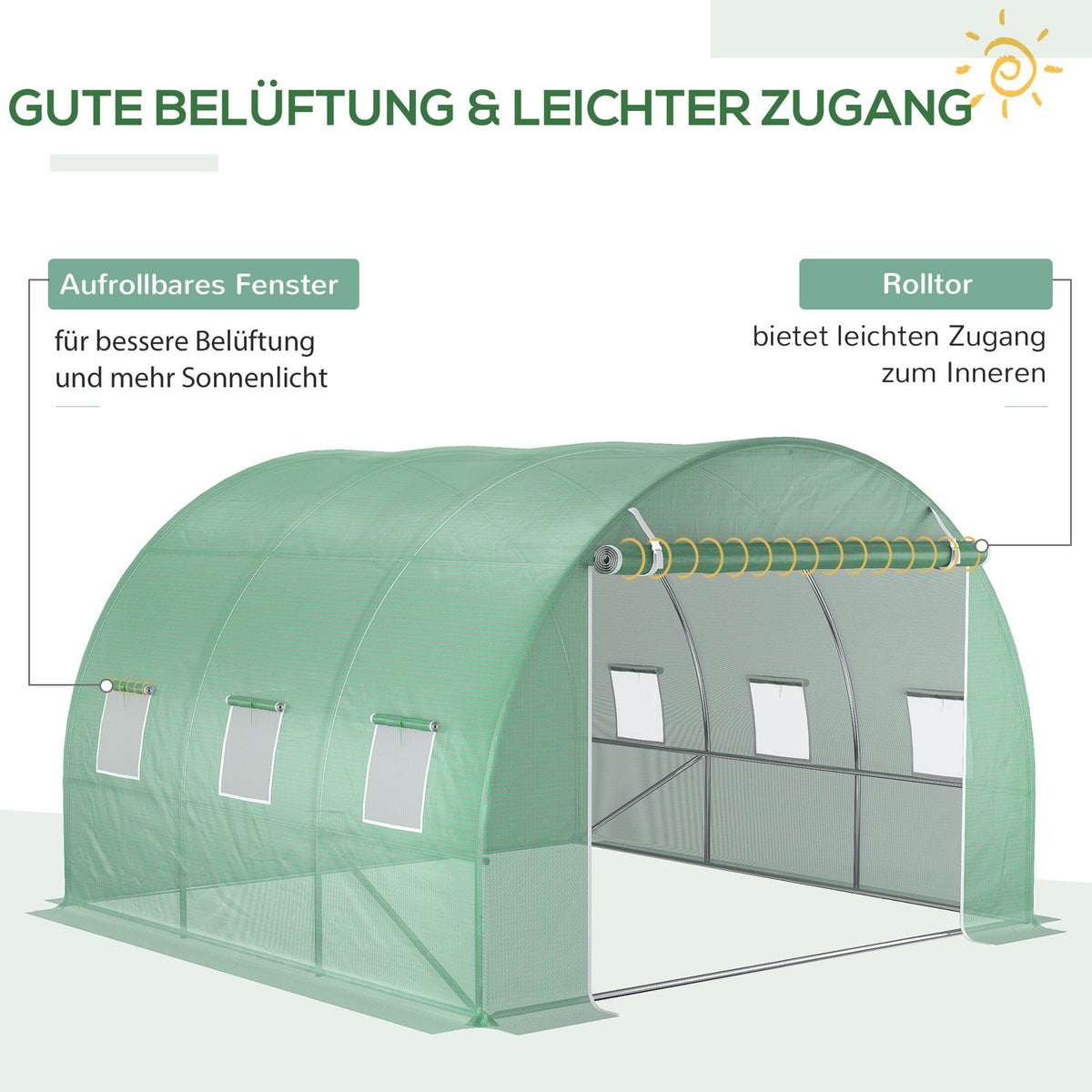 Replacement Tarpaulin for Garden Greenhouse Tunnel 9 m², Tarpaulin Dimensions 3L x 3W x 2H m PE Anti-UV Waterproof 6 Windows + Rollable Zip Door Green