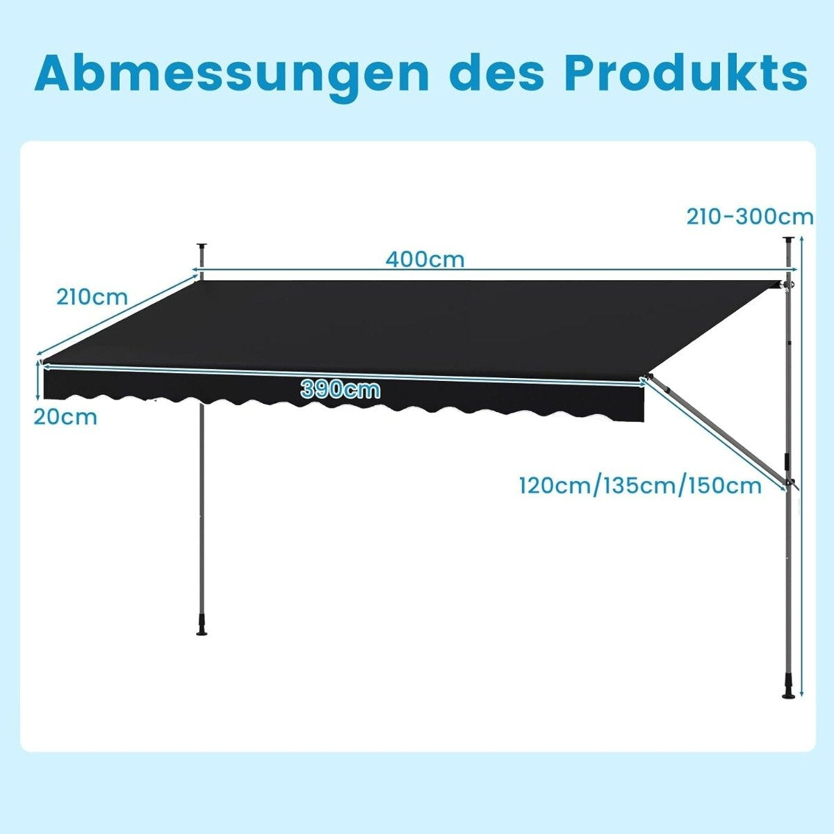 Retractable Balcony Awning, No-Drill, Adjustable Height, Black