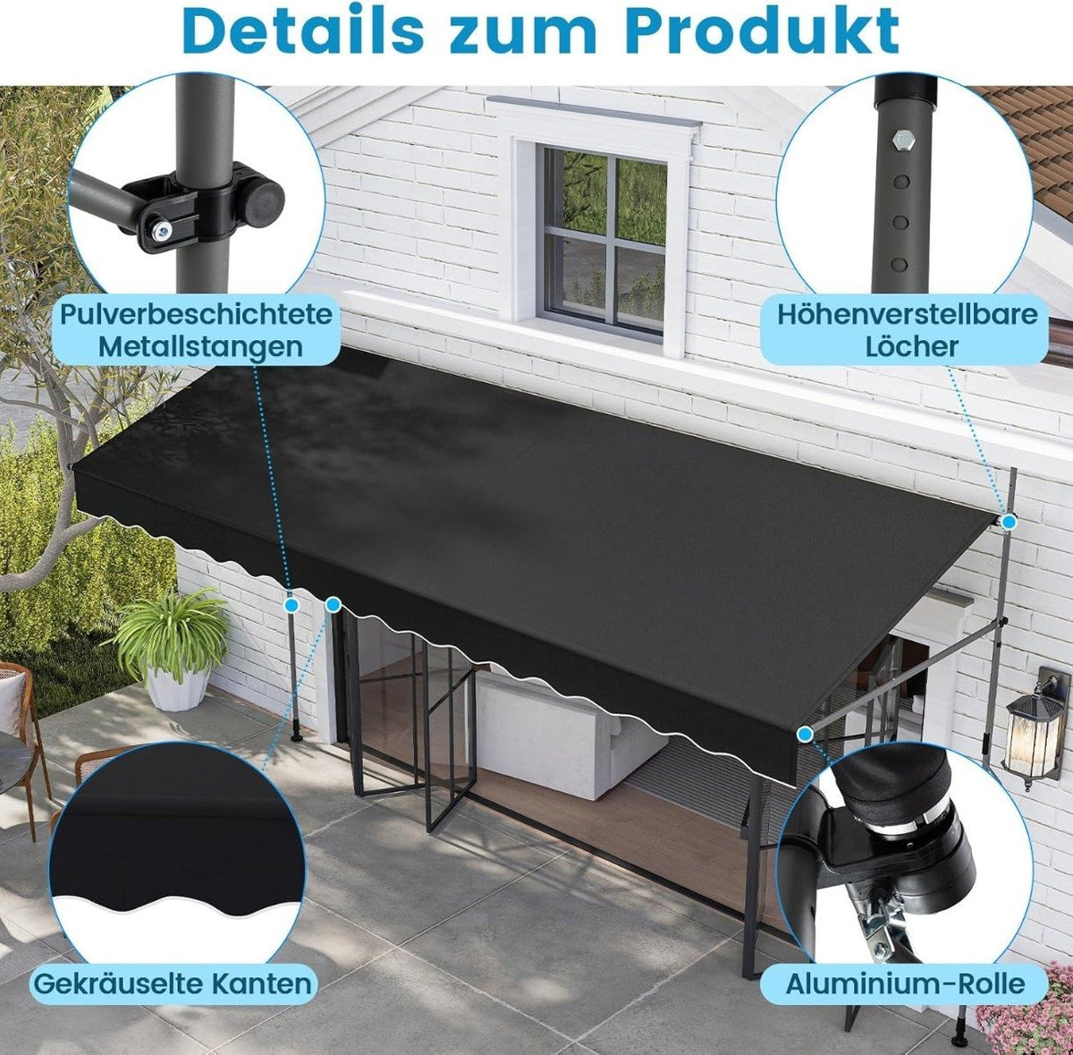 Retractable Balcony Awning, No-Drill, Adjustable Height, Black
