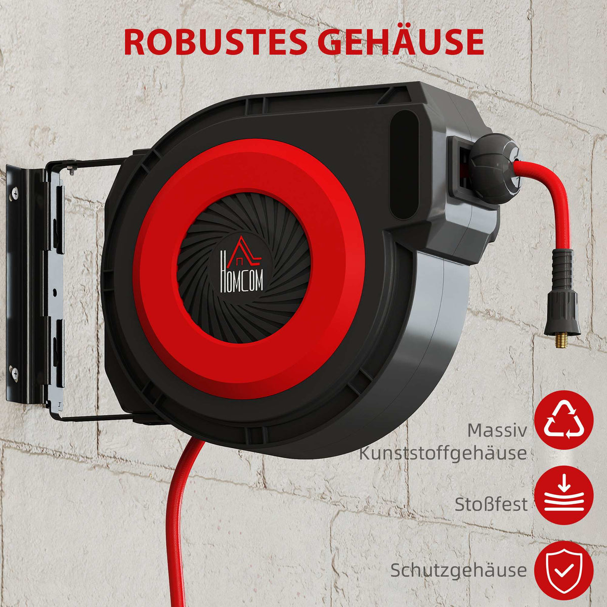 Retractable Hose Reel, 16.5m Length, Wall Mount, Red/Black