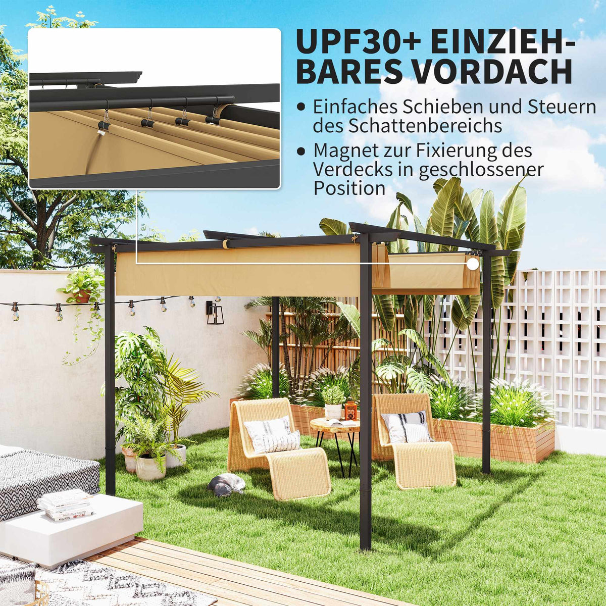 Retractable Pergola 3x3m, Metal Frame, UPF30+ Canopy