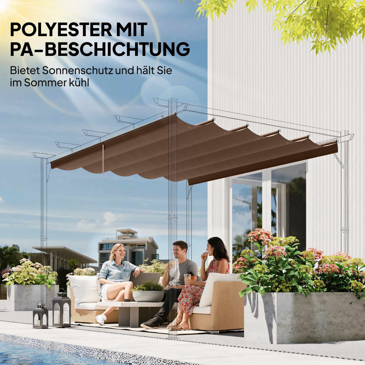 Retractable Pergola Canopy 3x3m, Weatherproof, Coffee
