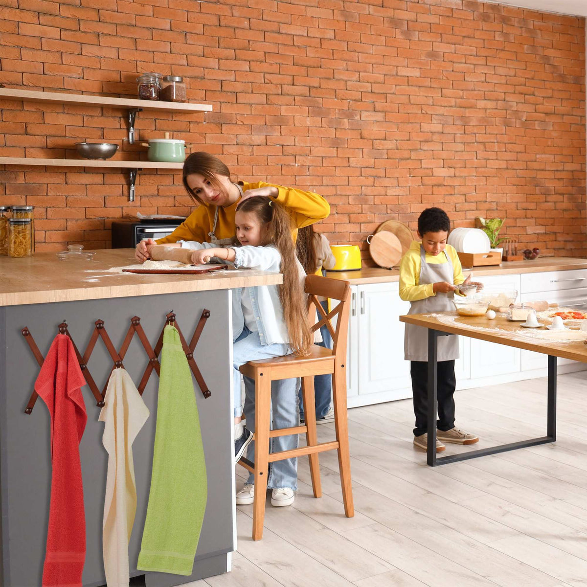 Retractable wall coat hanger in wood