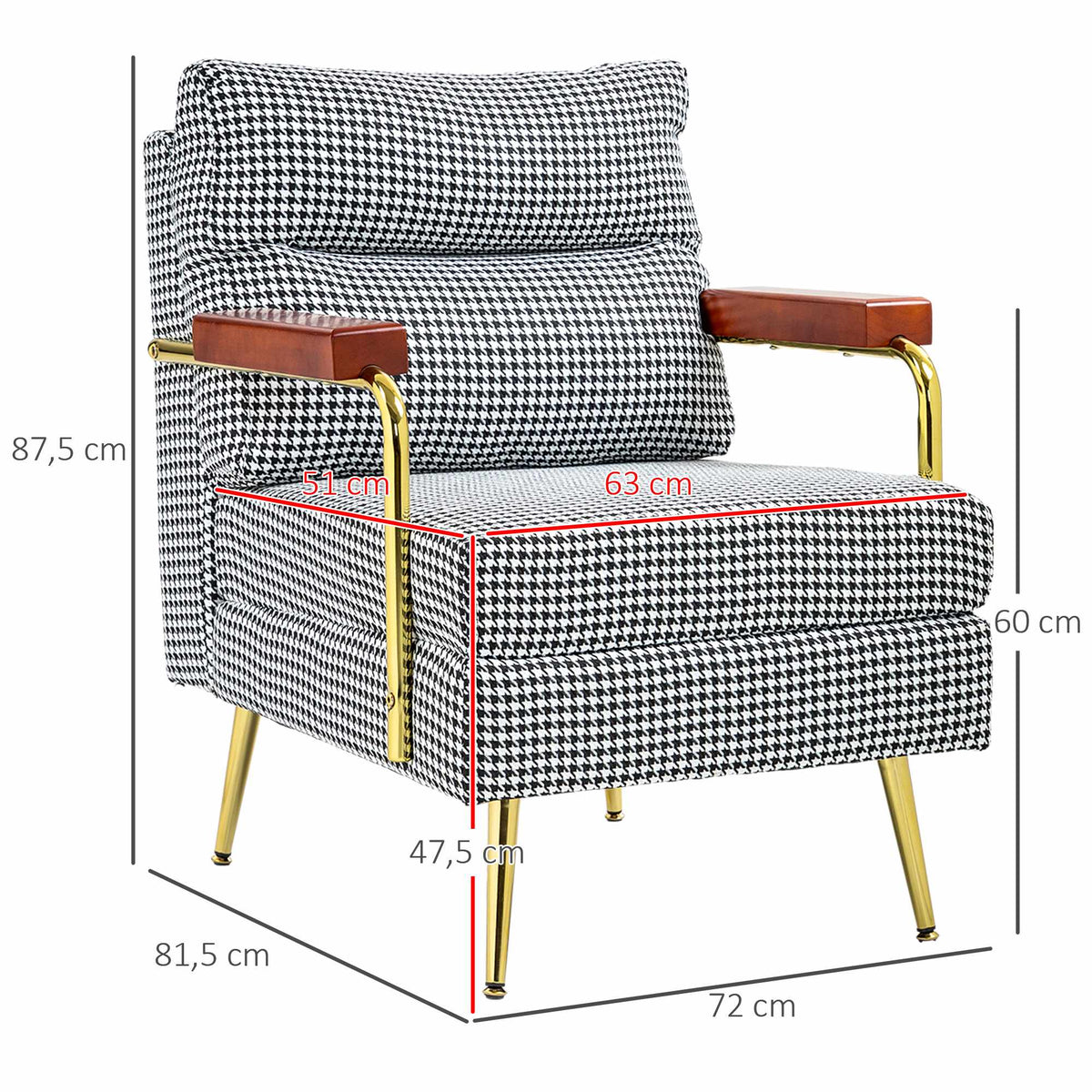 Retro Accent Chair, Houndstooth Pattern, Wood & Gold Elements