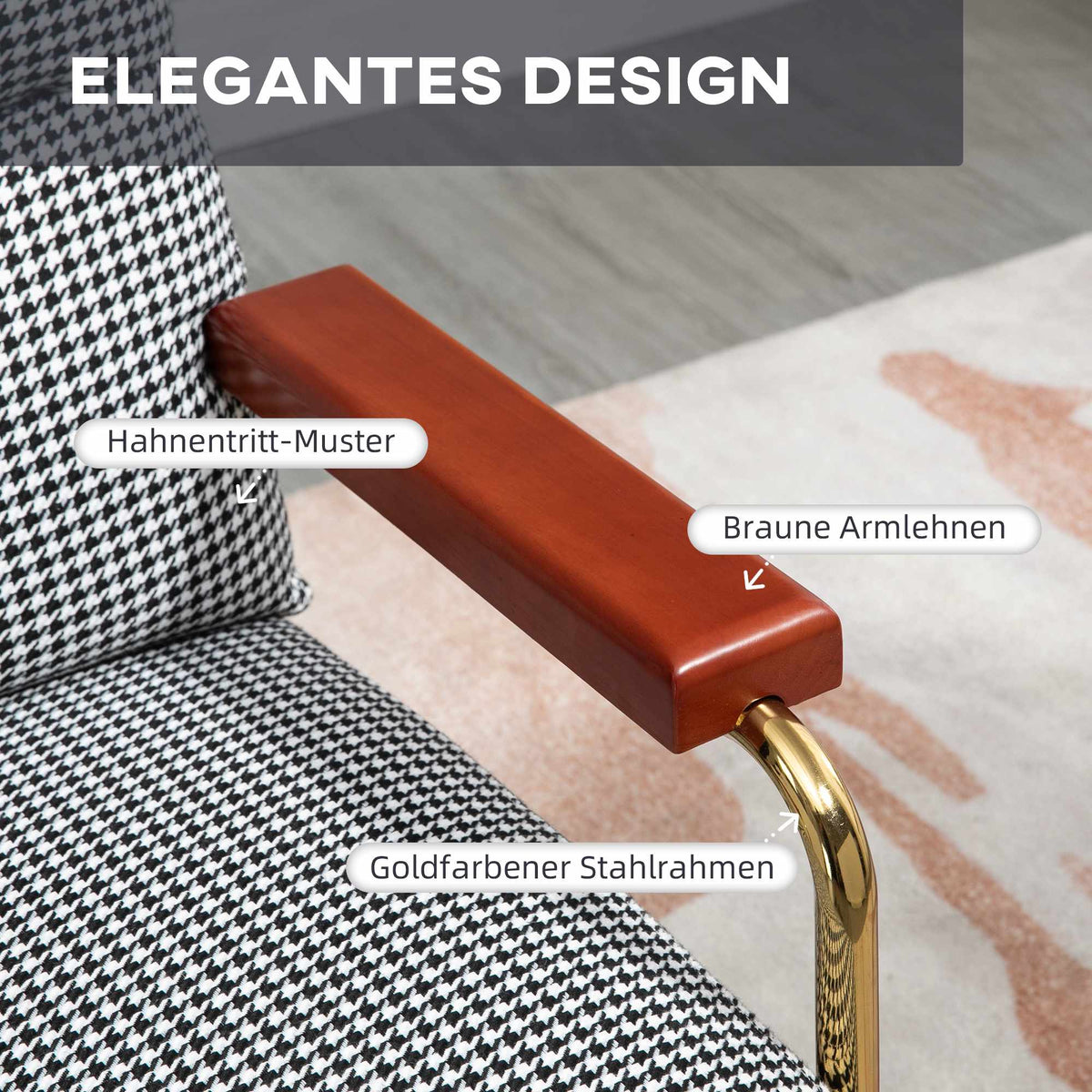 Retro Accent Chair, Houndstooth Pattern, Wood & Gold Elements