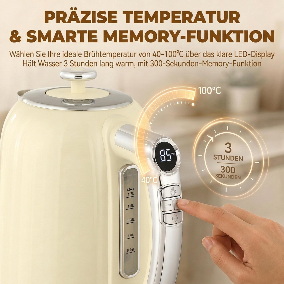 Retro Kettle & Toaster Set with LED Display, Cream