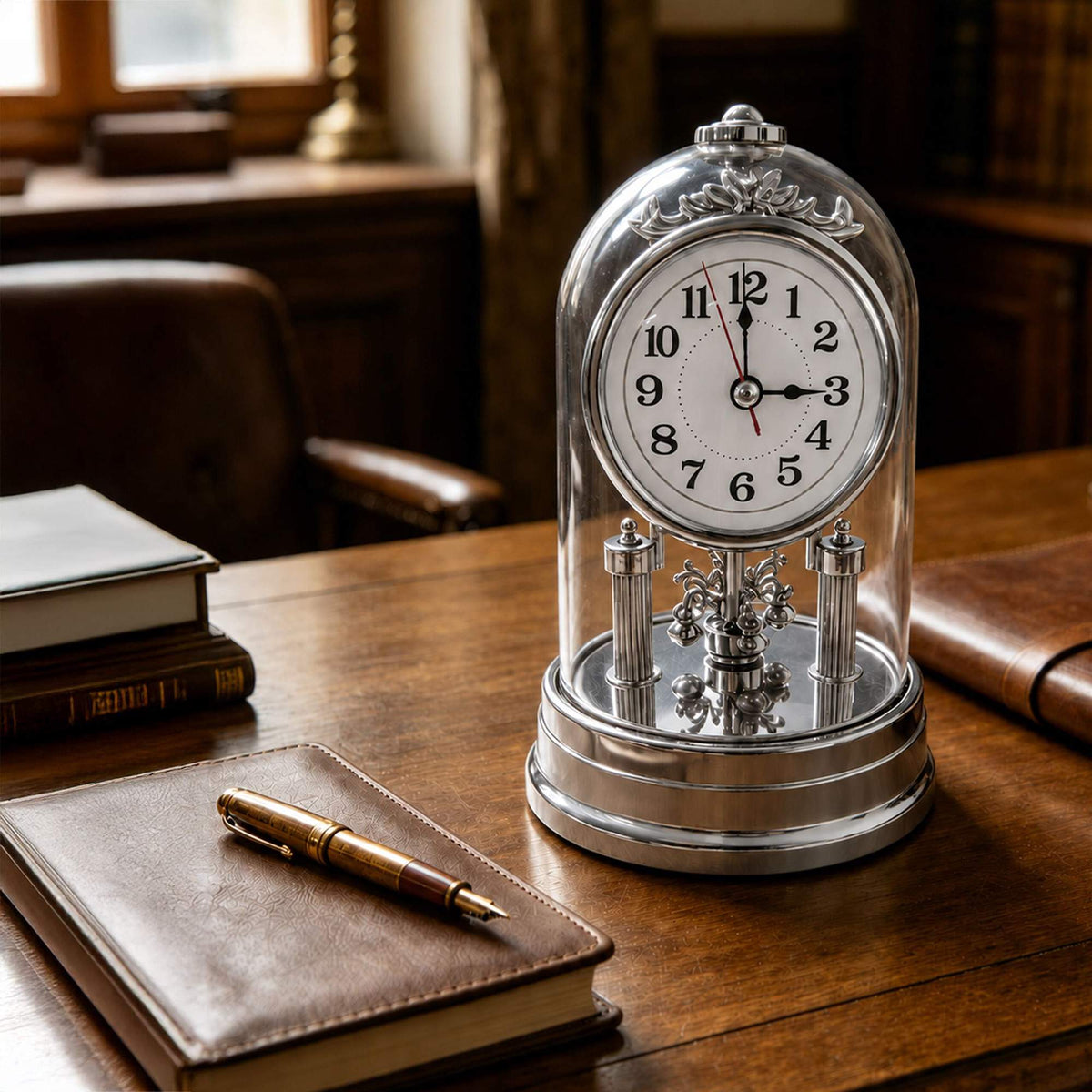 Retro Silver Desk Clock with Rotating Pendulum