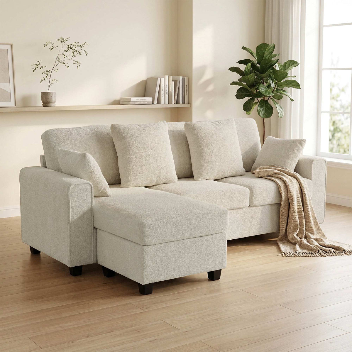 Reversible Chaise 3-Seater Velvet Sofa, Beige, Deep Seats