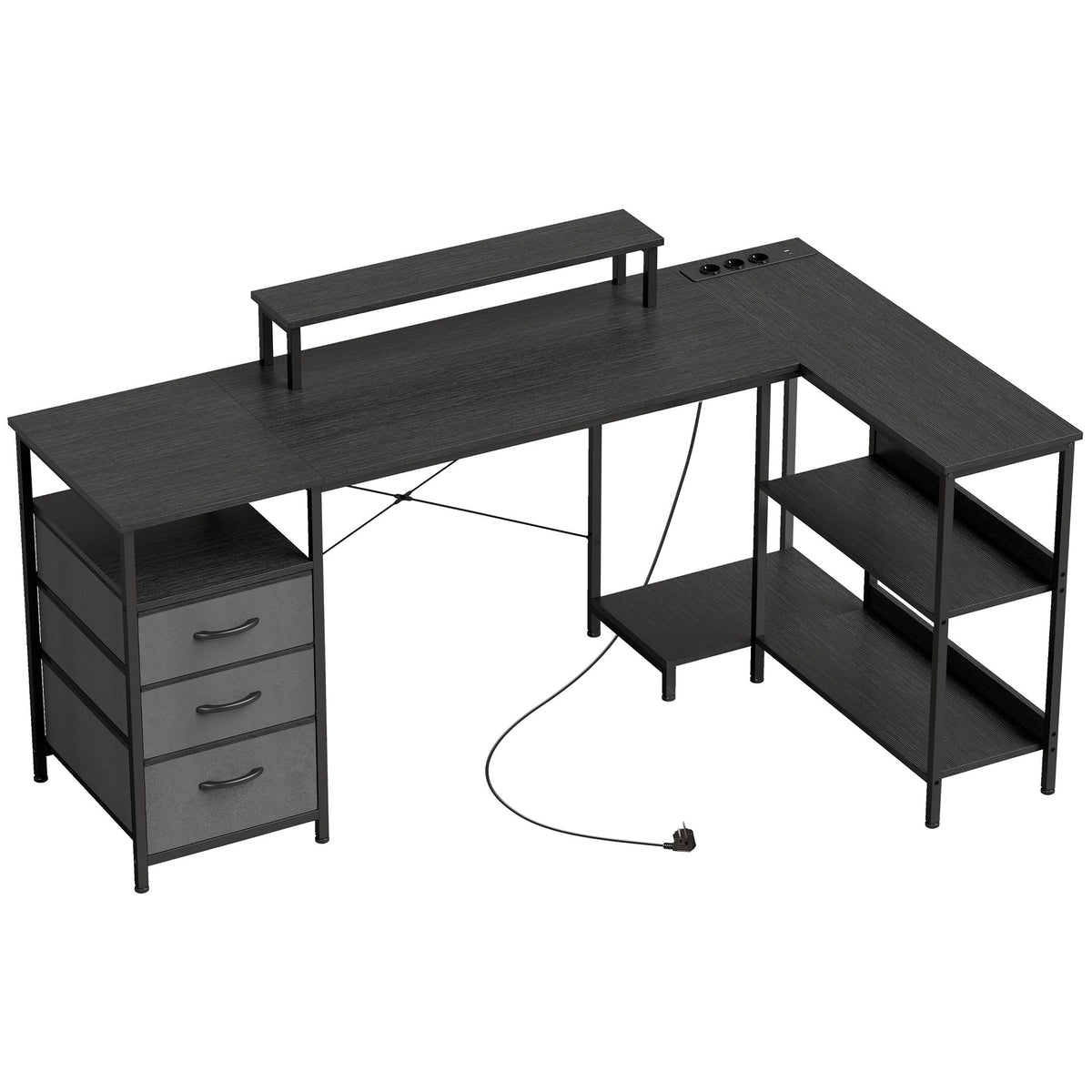 Reversible L-Shaped Desk with Drawers, Black, 170 cm