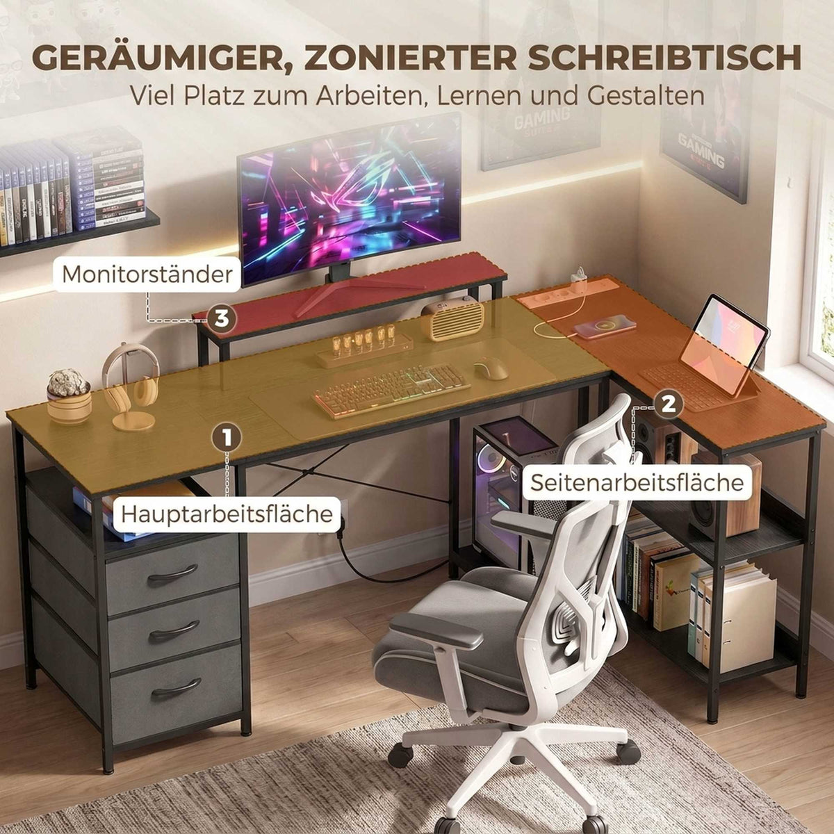 Reversible L-Shaped Desk with Drawers, Black, 170 cm