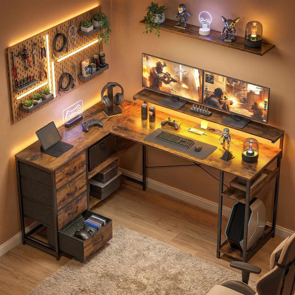 Reversible L-Shaped Gaming Desk with LED Lights and Storage