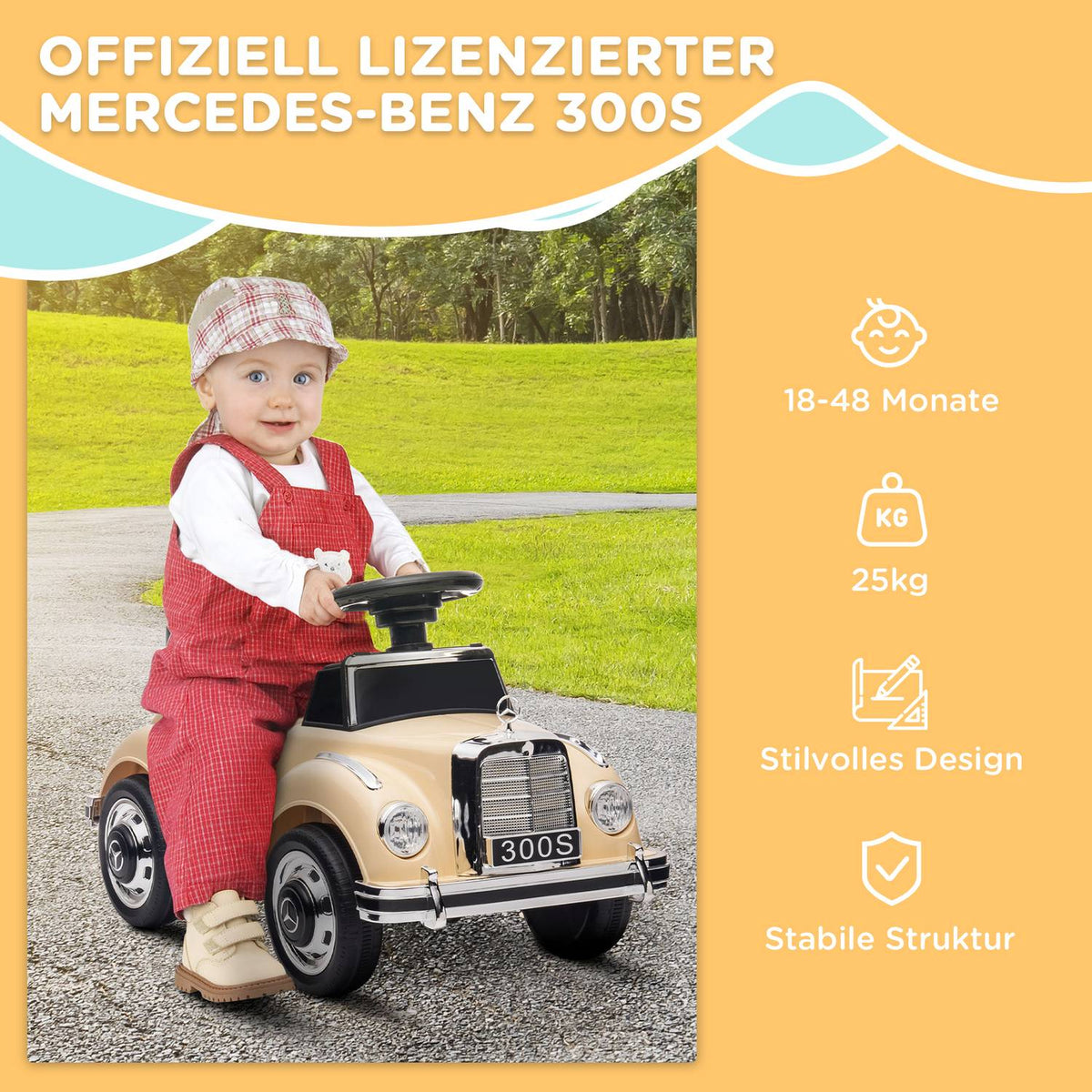 Ride-on car, children's vehicle, ride-on vehicle with storage space, children's car with anti-tipper ride-on for 18-48 months children, beige, 77.5 x 41.5 x 45 cm