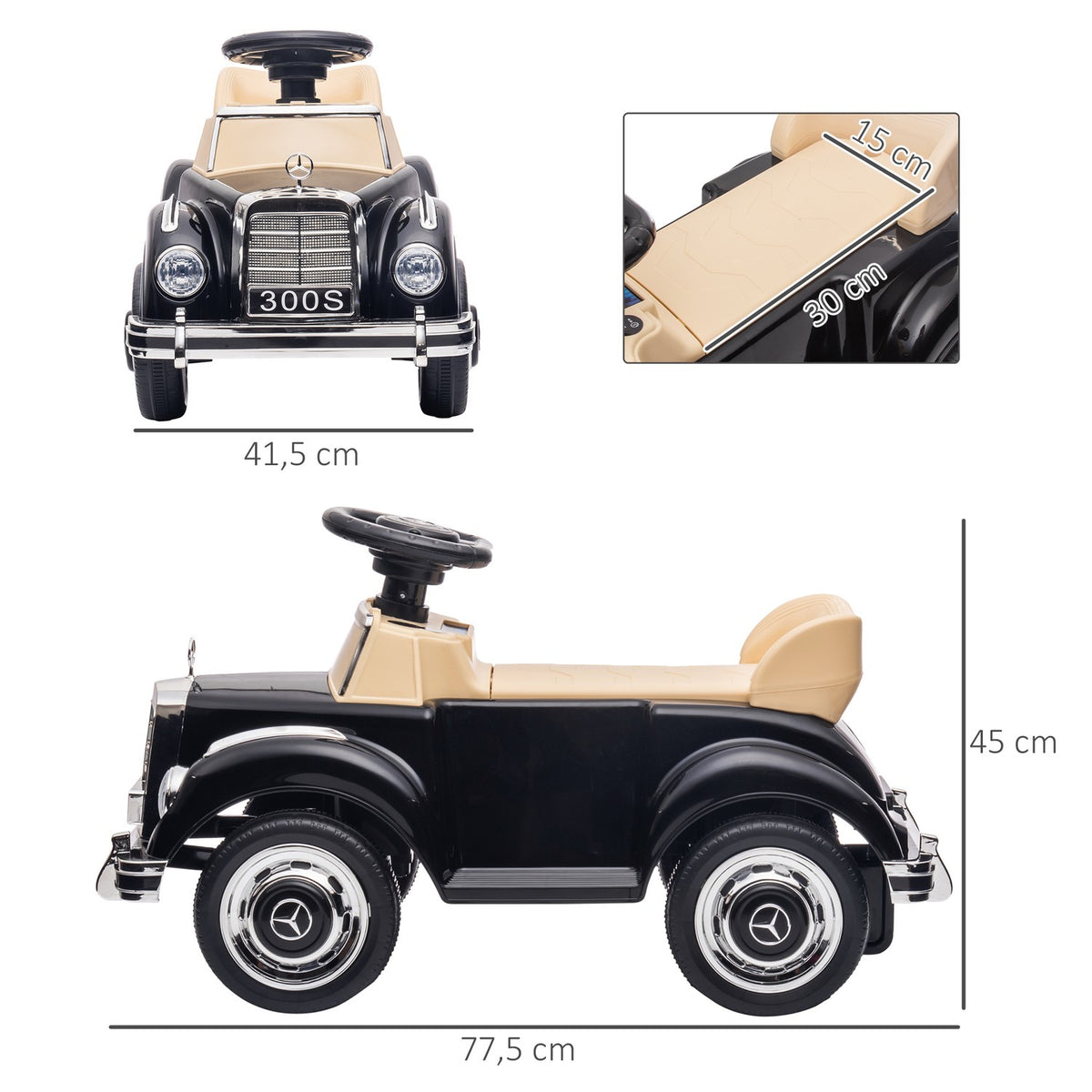 Ride-on car, children's vehicle, ride-on vehicle with storage space, children's car with tip protection for 18-48 months children, black