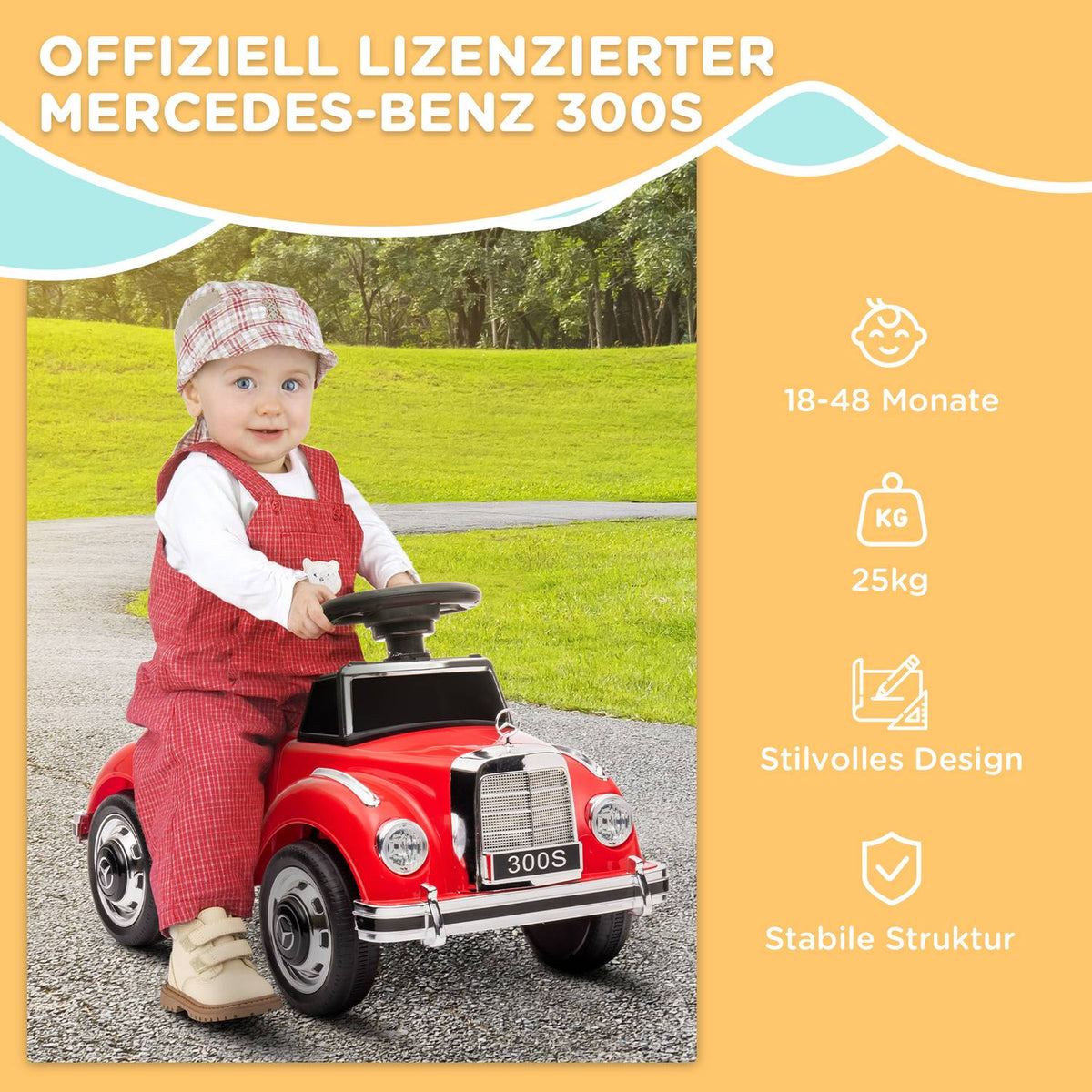 Ride-on car, children's vehicle, ride-on vehicle with storage space, children's car with tip protection for 18-48 months children, red, 77.5 x 41.5 x 45 cm