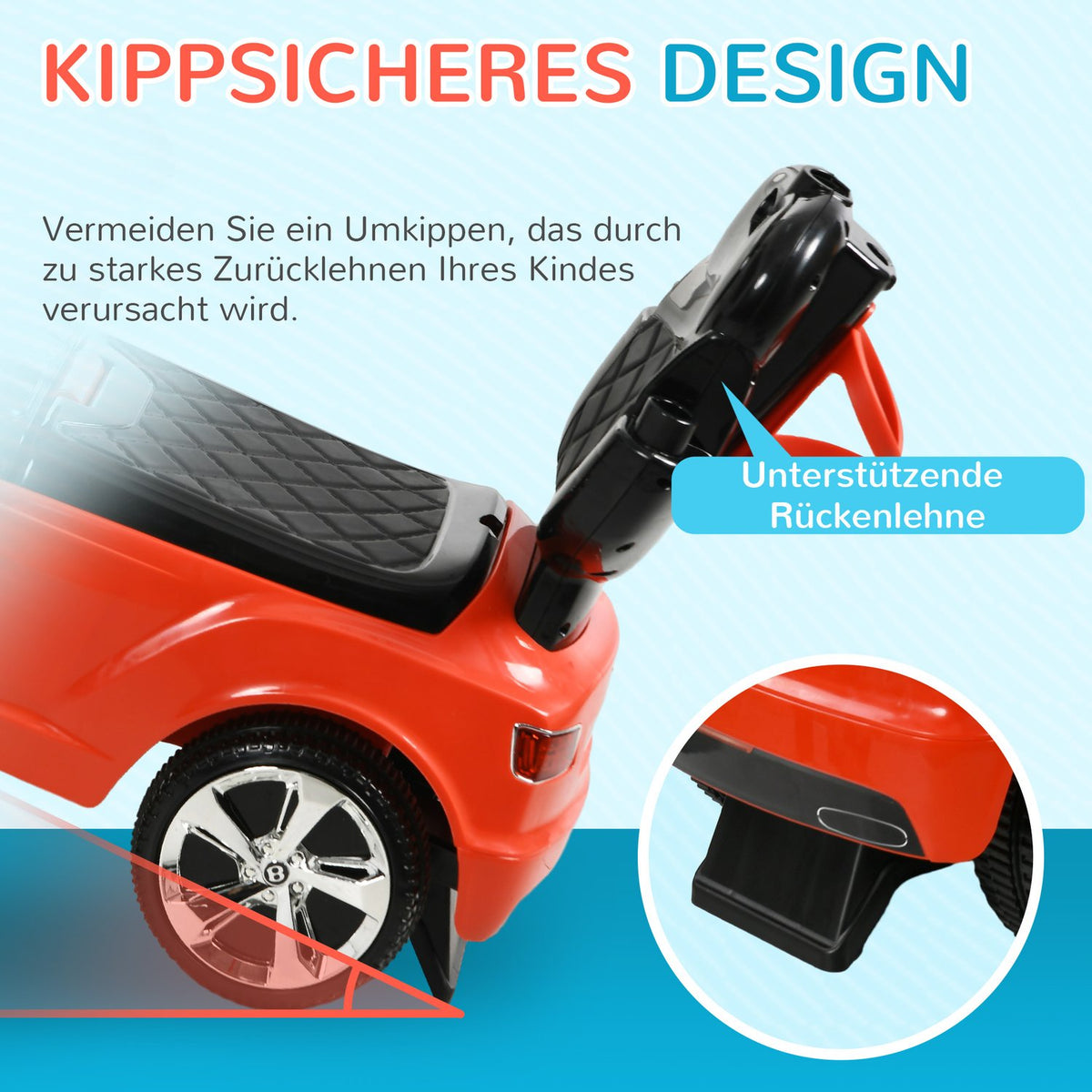 Ride-on car with push bar, 3-in-1 ride-on vehicle with removable top, children's vehicle with tip protection, storage space, for 1-3 years, red