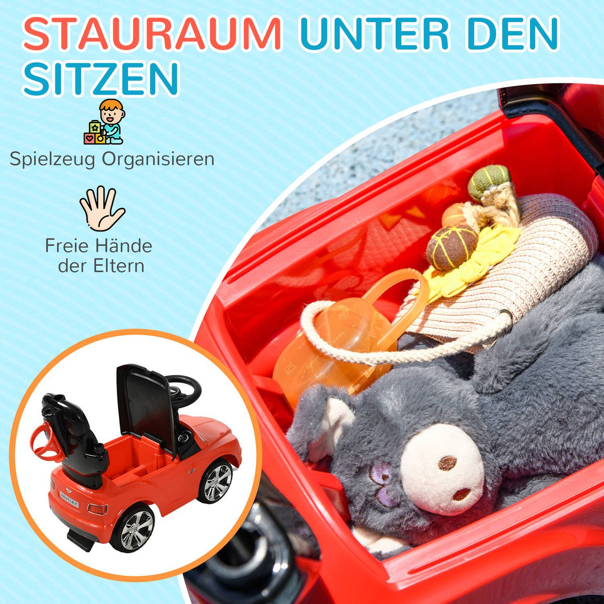 Ride-on car with push bar, 3-in-1 ride-on vehicle with removable top, children's vehicle with tip protection, storage space, for 1-3 years, red