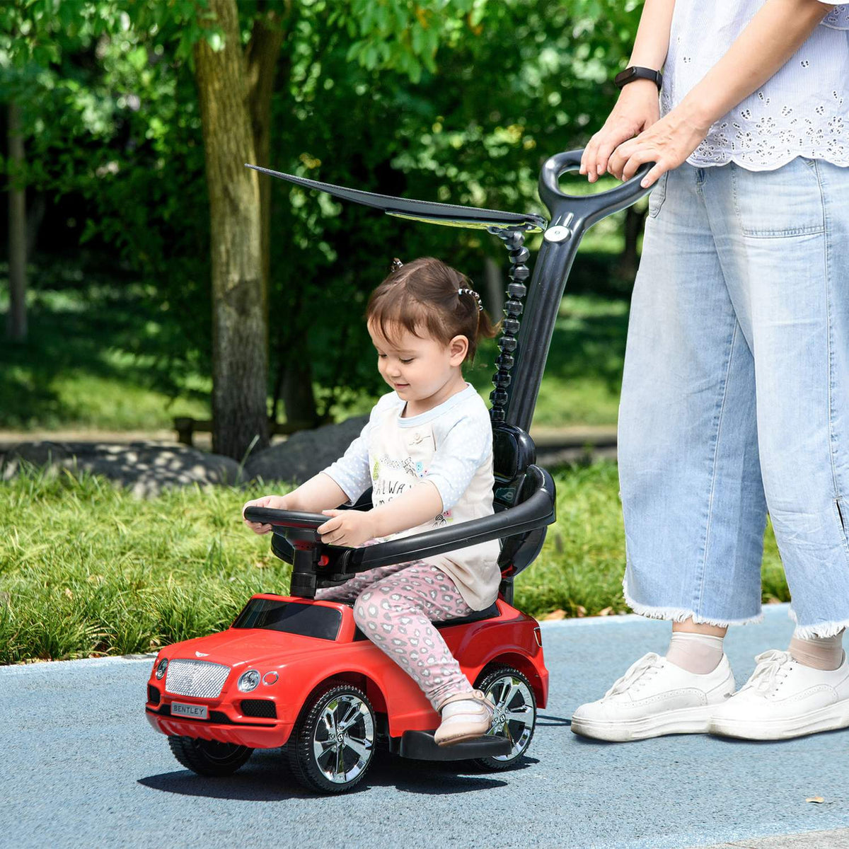 Ride-on car with push bar, 3-in-1 ride-on vehicle with removable top, children's vehicle with tip protection, storage space, for 1-3 years, red