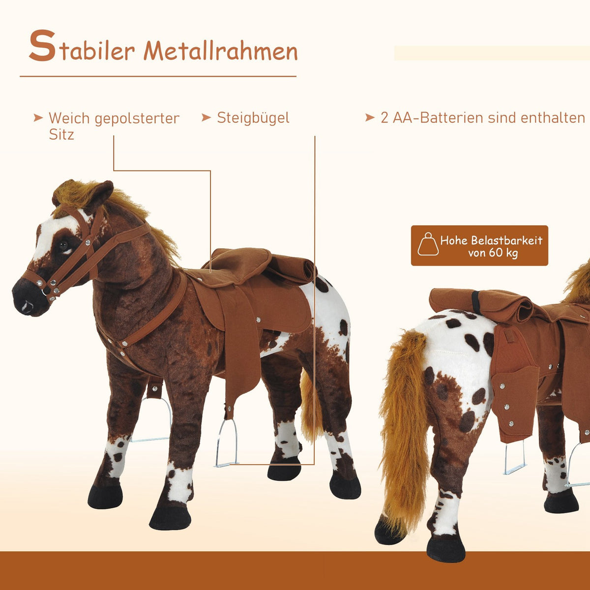 Riding Horse Play Horse Children'S Sound Standing Horse Plush Toy Metal Brown + White 85X28X60Cm