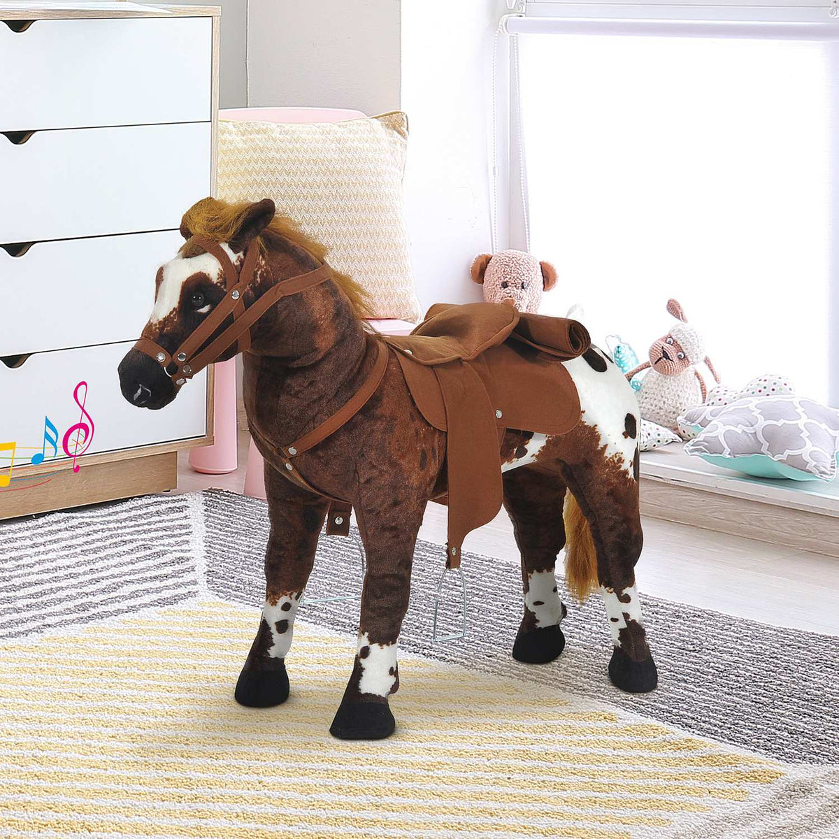 Riding Horse Play Horse Children'S Sound Standing Horse Plush Toy Metal Brown + White 85X28X60Cm