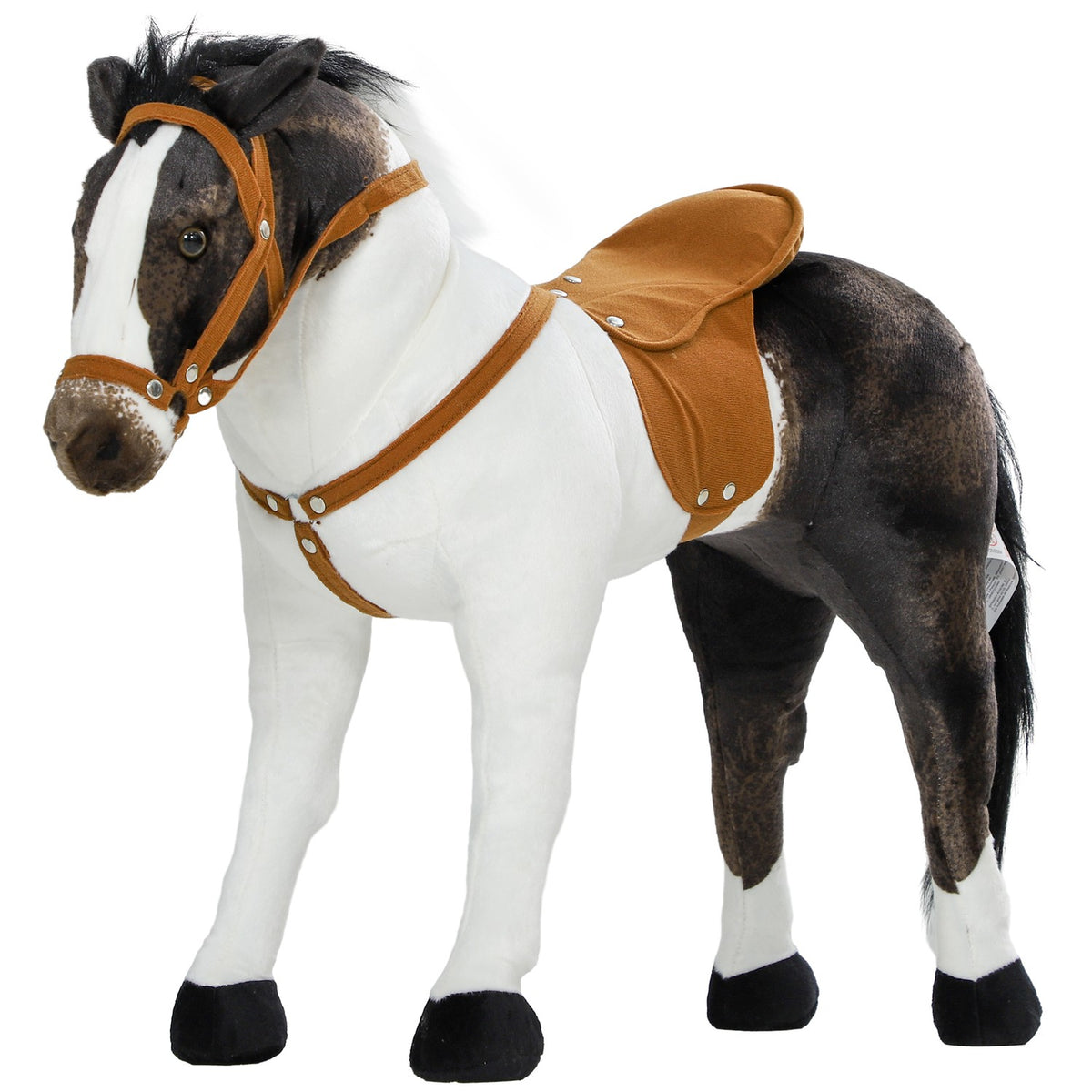 Riding horse with sound function, 48 cm height play horse for riding with saddle and bridle, standing horse for children 3-8 years, metal, brown + cream white