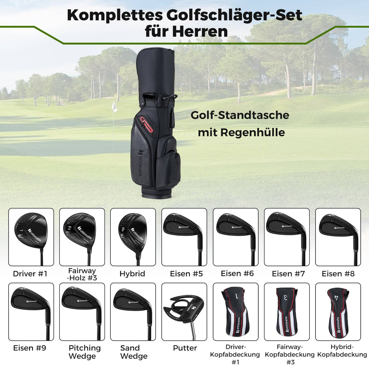 Right-Handed Men's Golf Club Set with Stand Bag